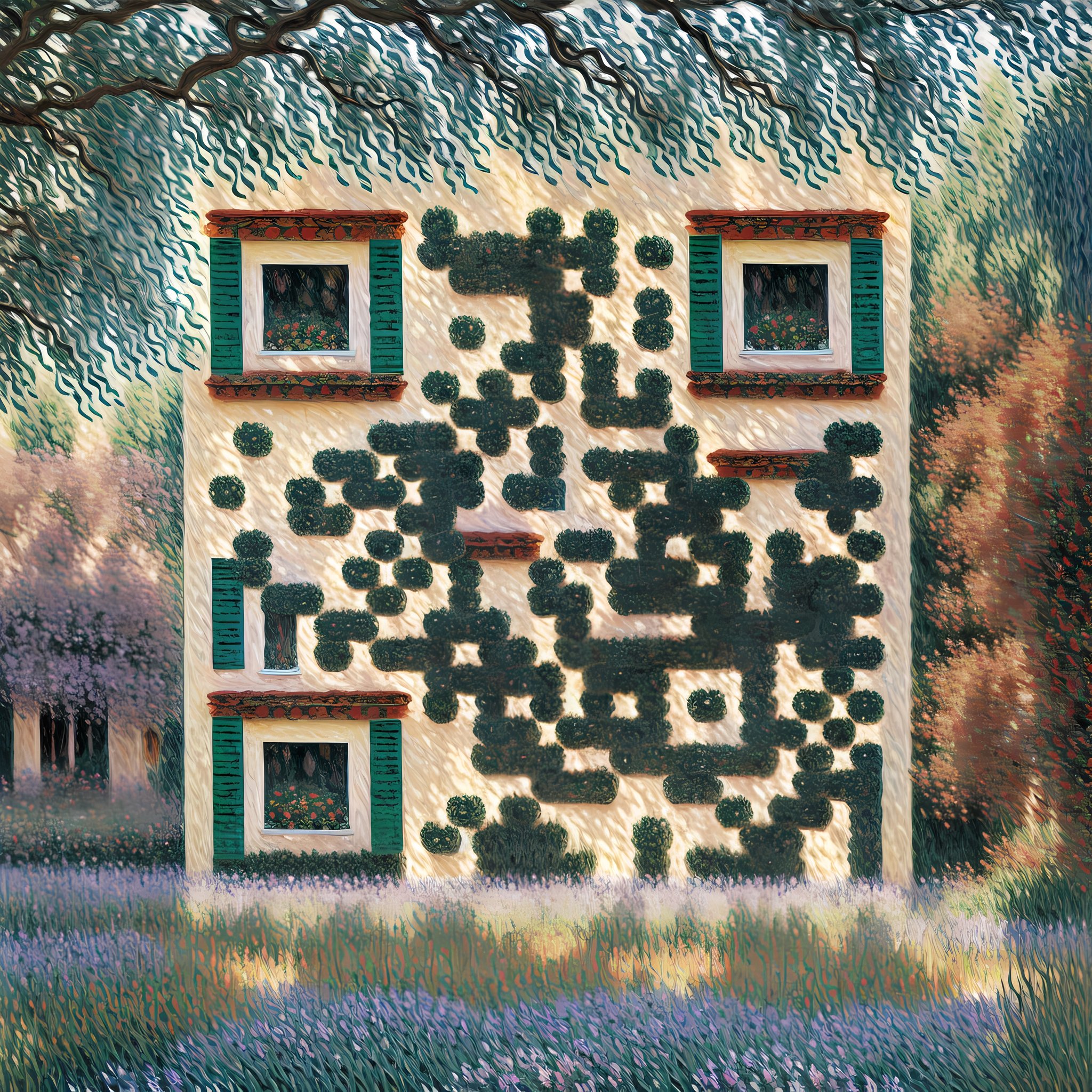 Country home surrounded by flowers and trees